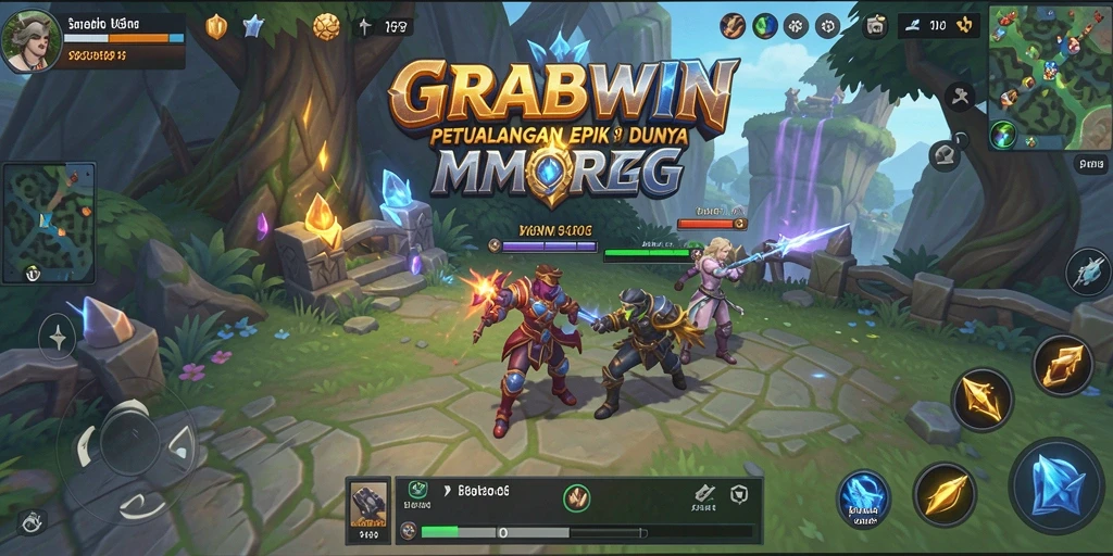 Tangkapan layar menampilkan karakter dalam pertempuran epik di dunia <strong>GRABWIN</strong>.