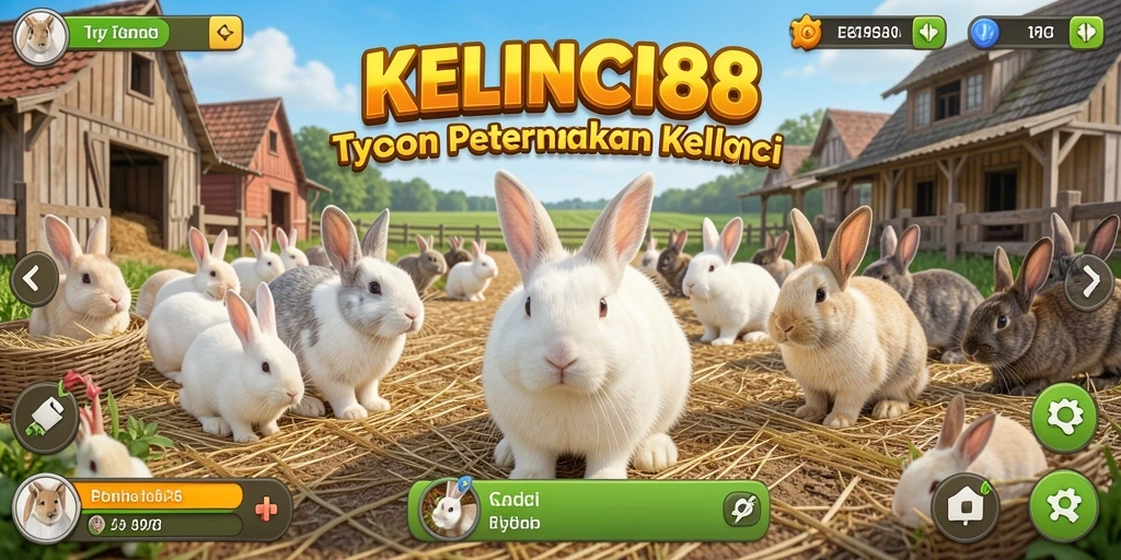Tampilan gameplay KELINCI88 dengan kelinci lucu di peternakan.