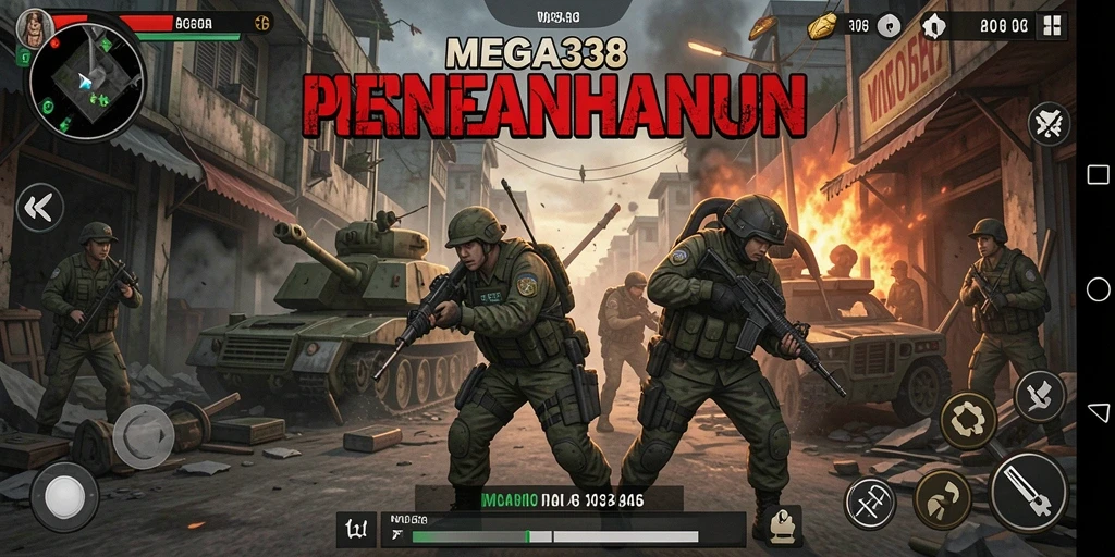 Screenshot MEGA338 menunjukkan aksi intens gameplay Tower Defense.