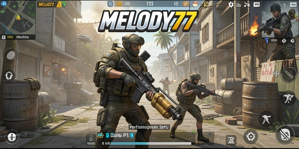 Gameplay seru dari MELODY77 dengan aksi tembak-menembak intens.