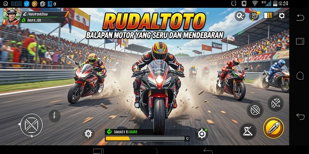 Gambaran gameplay RUDALTOTO dalam balapan motor yang intens.
