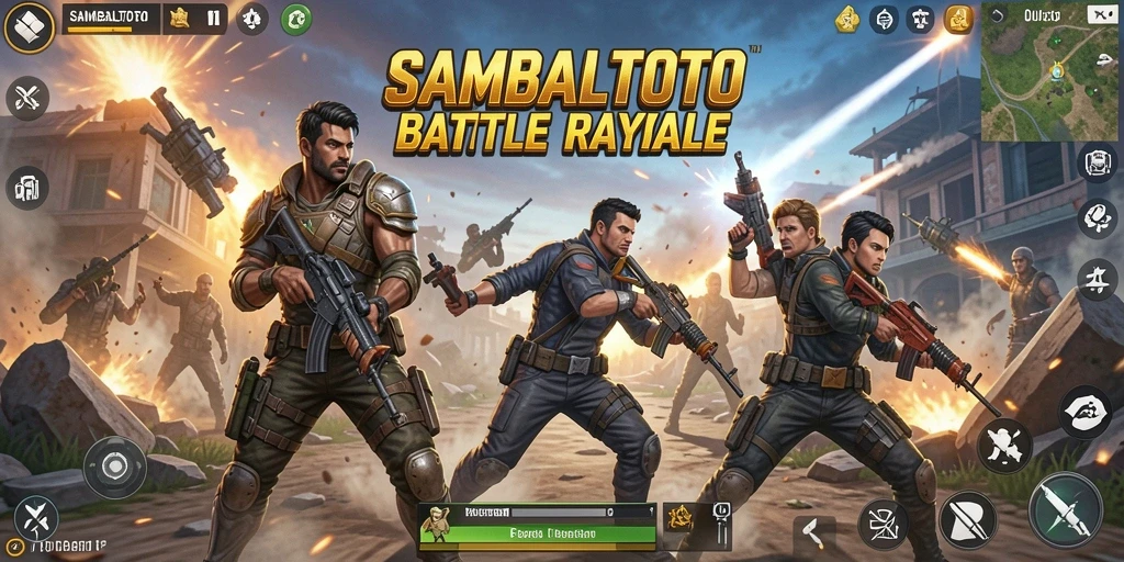 Screenshot SAMBALTOTO menampilkan aksi intens dalam pertarungan Battle Royale.